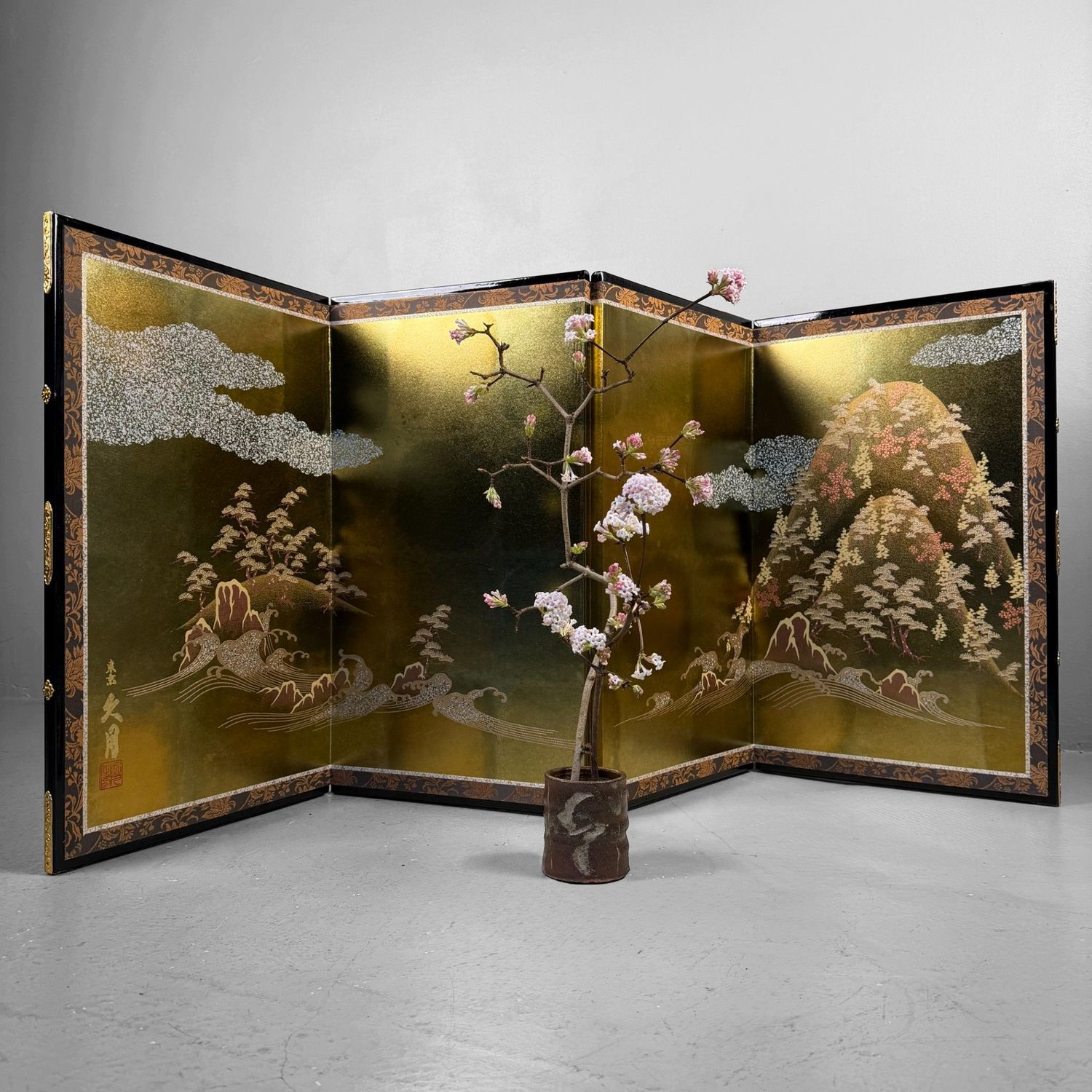 Japanese Byōbu Folding Screen, Gold Leaf Landscape, 1970s