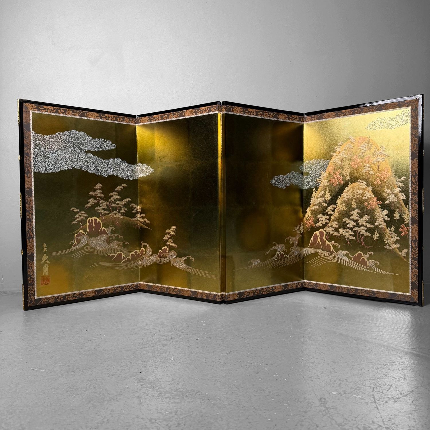Japanese Byōbu Folding Screen, Gold Leaf Landscape, 1970s