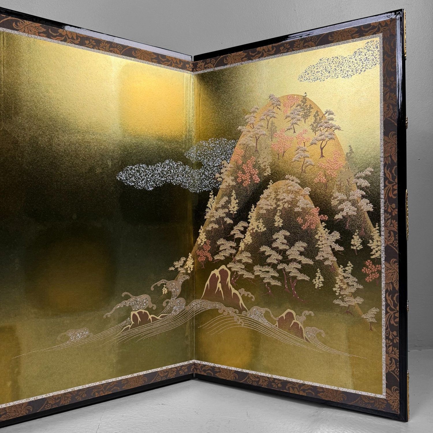 Japanese Byōbu Folding Screen, Gold Leaf Landscape, 1970s