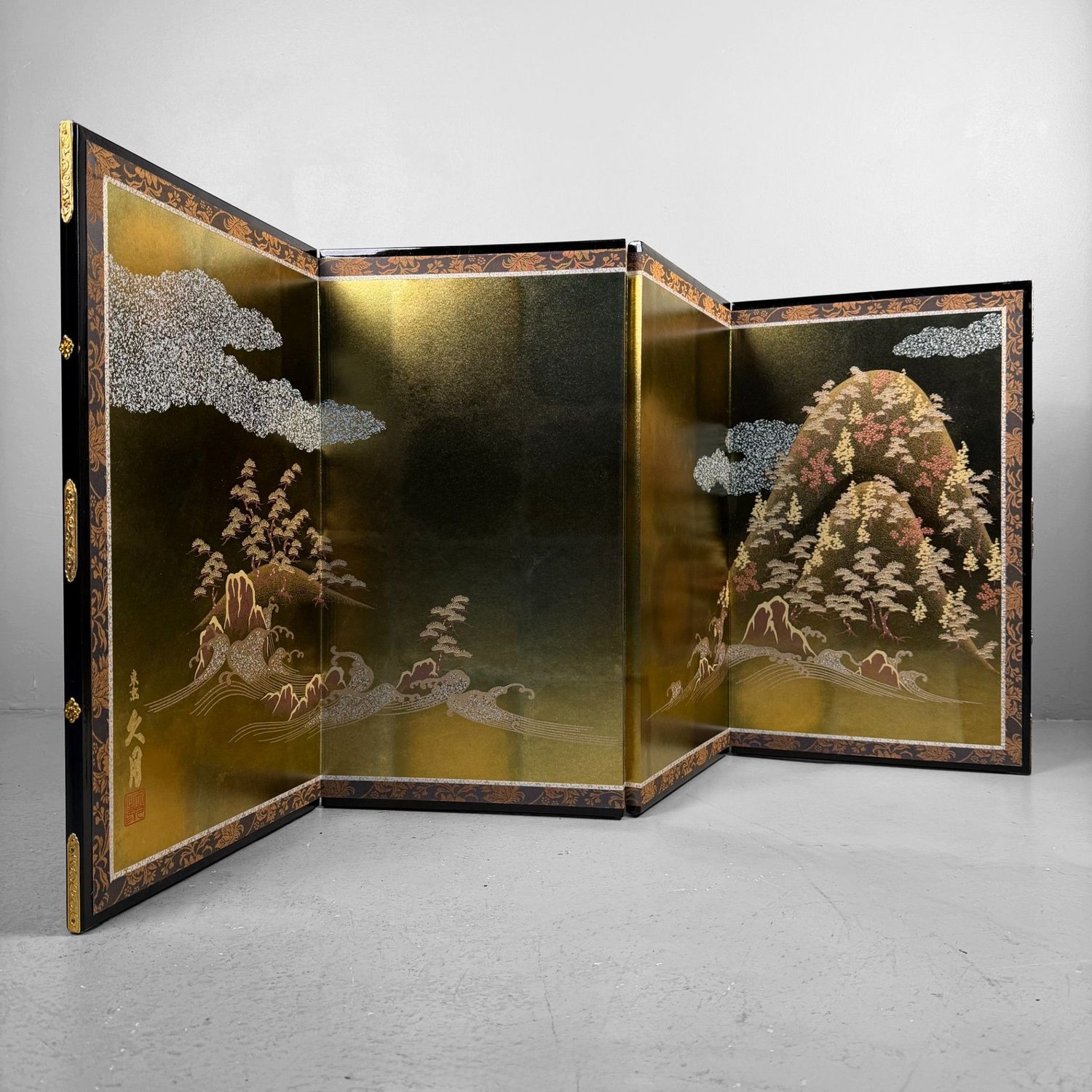 Japanese Byōbu Folding Screen, Gold Leaf Landscape, 1970s