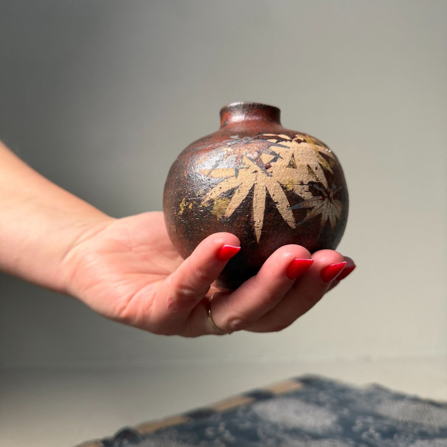 Ceramic Kutani Vase, Momiji Maple Leaf Decor, 1970s