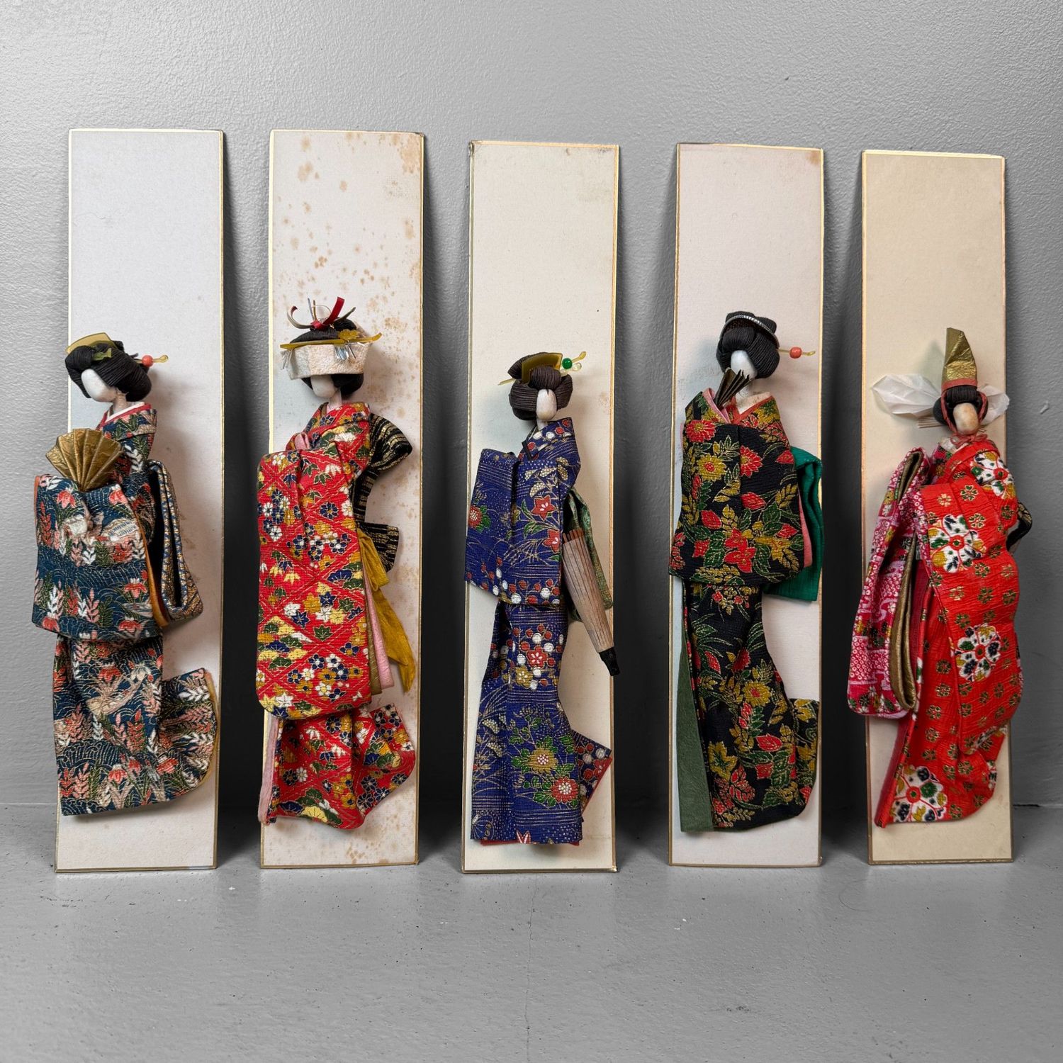 Set of Five Japanese Geisha Figures on Shikishi Panels, Paper Art, 1950s