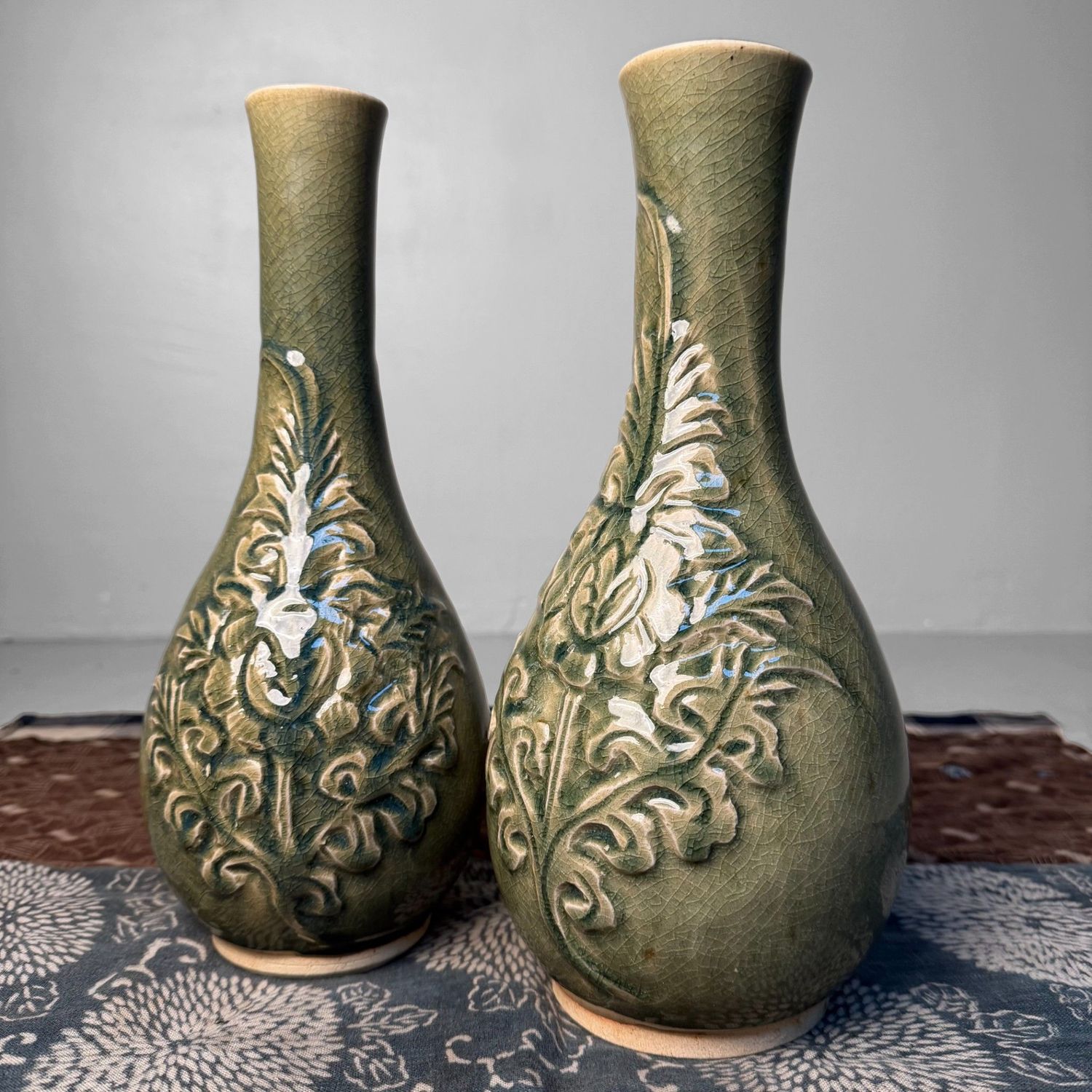 Set of Celadon Ikebana Vases with Floral Relief by Noma Gazan, Japan, 1970s