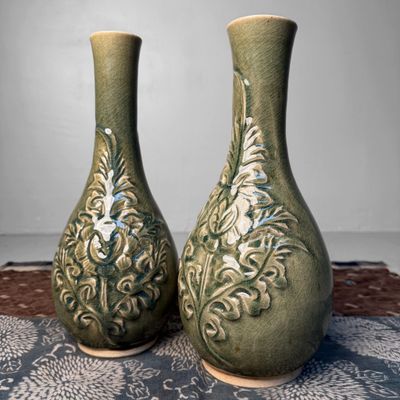 Set of Celadon Ikebana Vases with Floral Relief by Noma Gazan, Japan, 1970s Set of Celadon Ikebana Vases with Floral Relief by Noma Gazan, Japan, 1970s