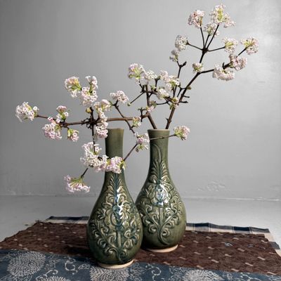 Set Celadon Ikebana Vazen, Bloemreliëf door Noma Gazan, Japan, 1970s