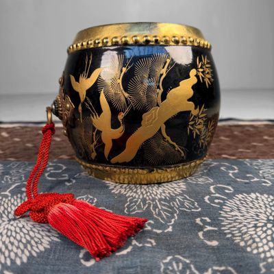 Japanese Decorative Taiko Drum with Gold Crane Motif, 1960s