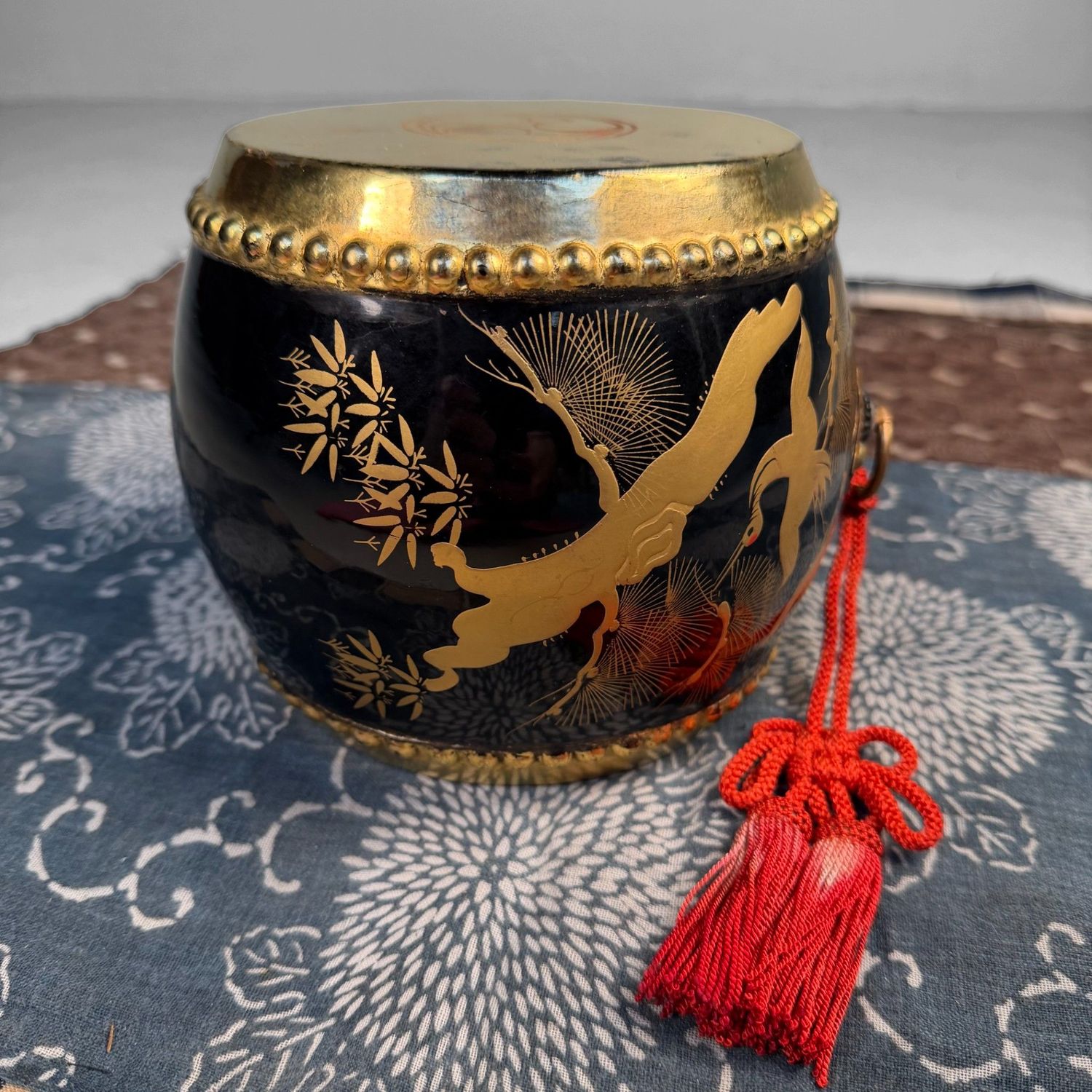 Japanese Decorative Taiko Drum with Gold Crane Motif, 1960s