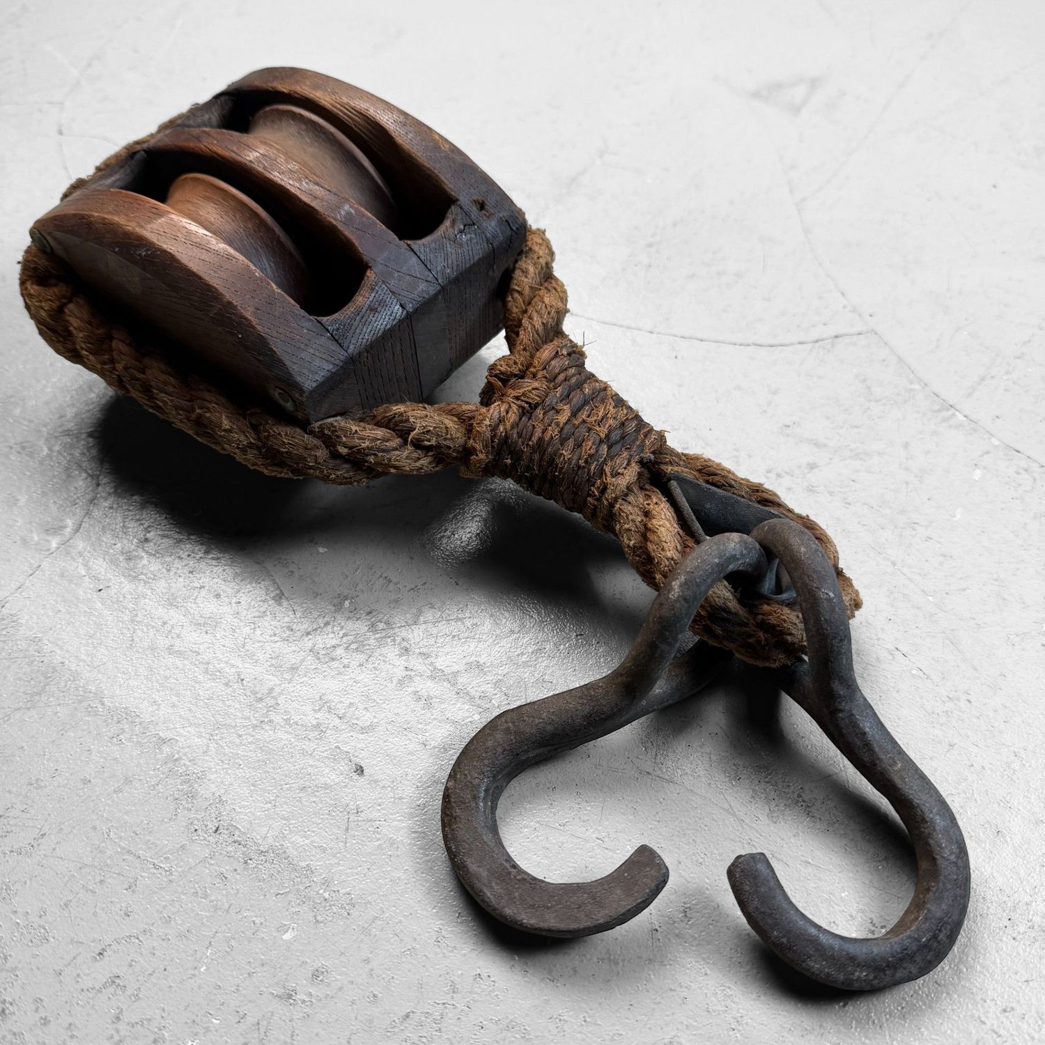 Japanese Wooden Double Pulley with Forged Hooks, 1900s