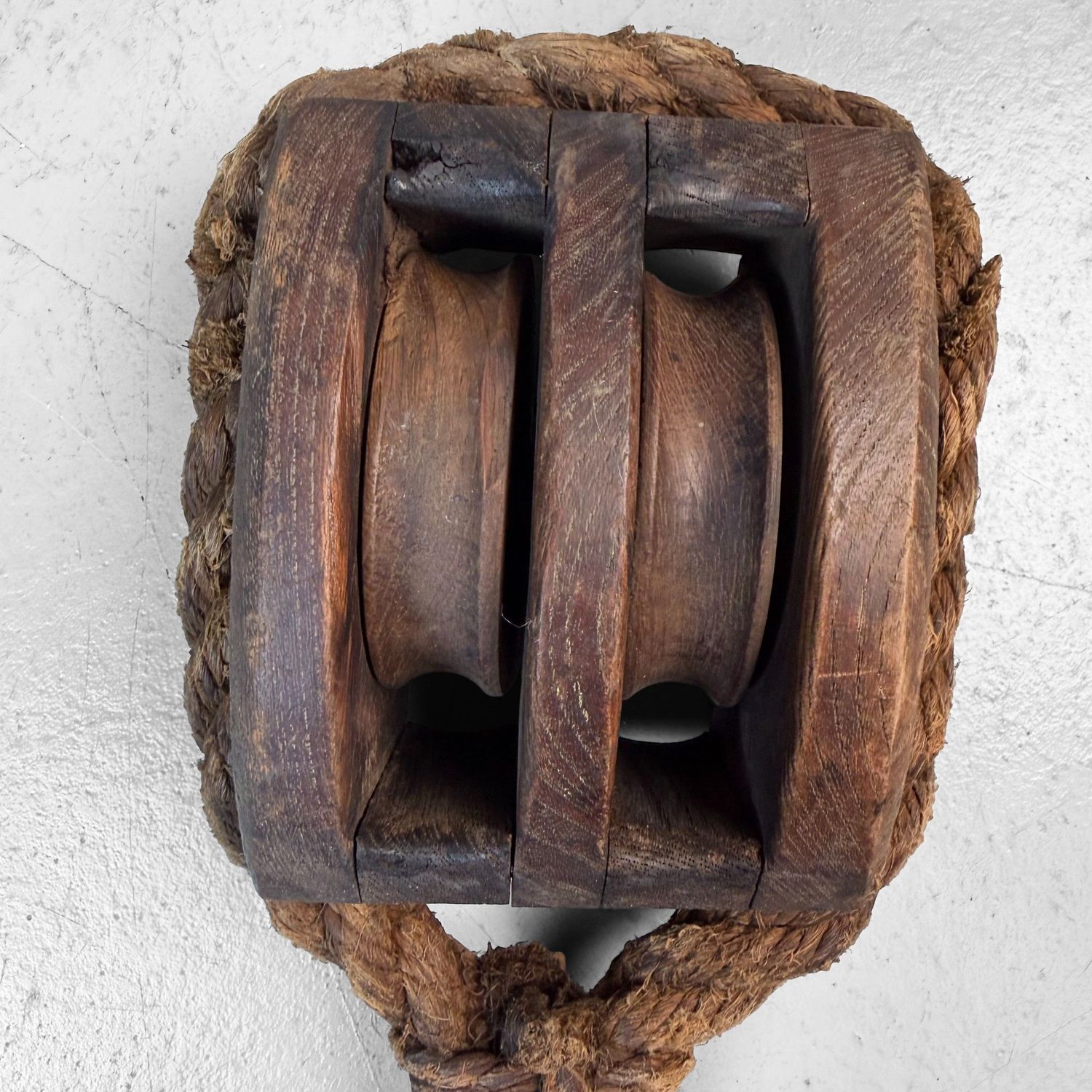 Japanese Wooden Double Pulley with Forged Hooks, 1900s