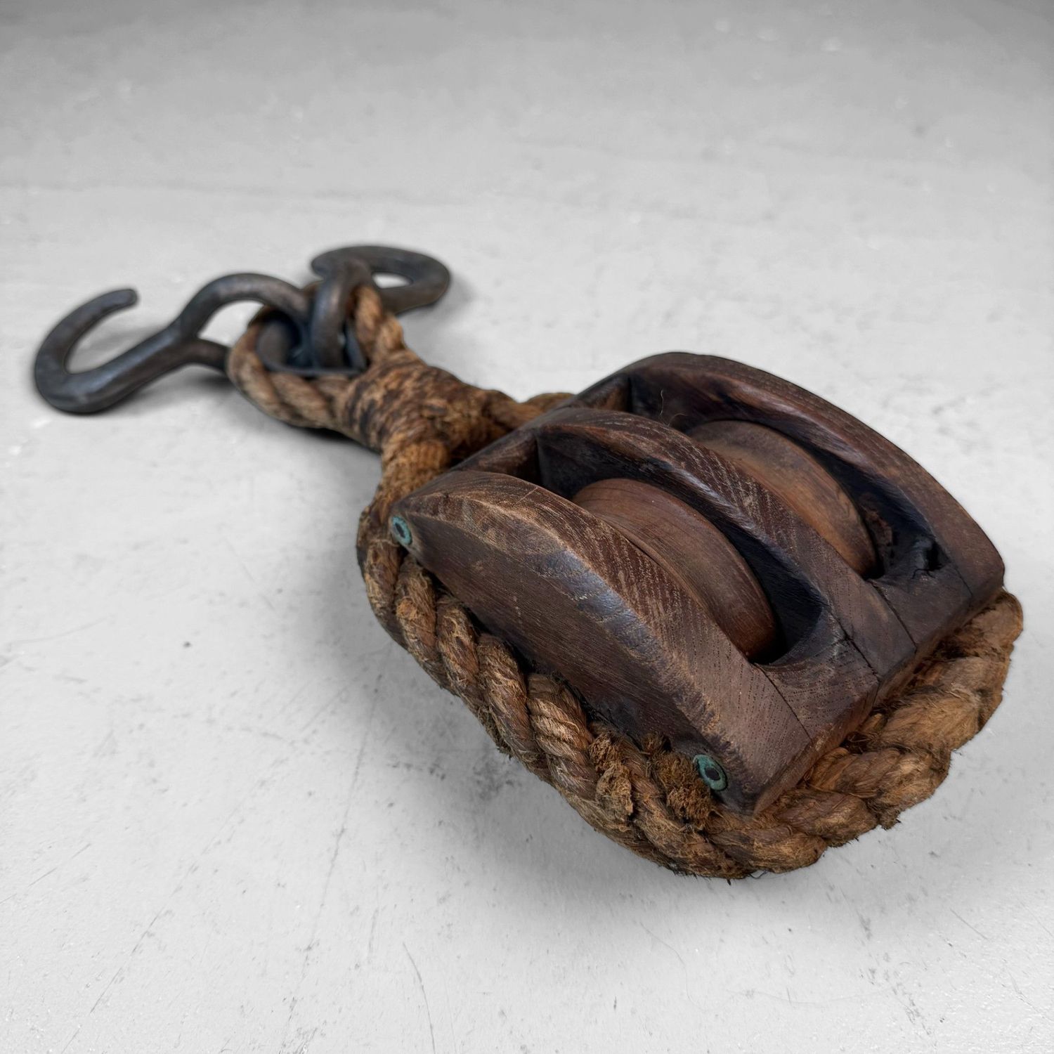 Japanese Wooden Double Pulley with Forged Hooks, 1900s