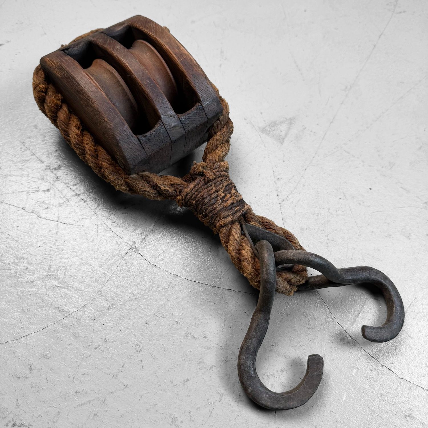 Japanese Wooden Double Pulley with Forged Hooks, 1900s