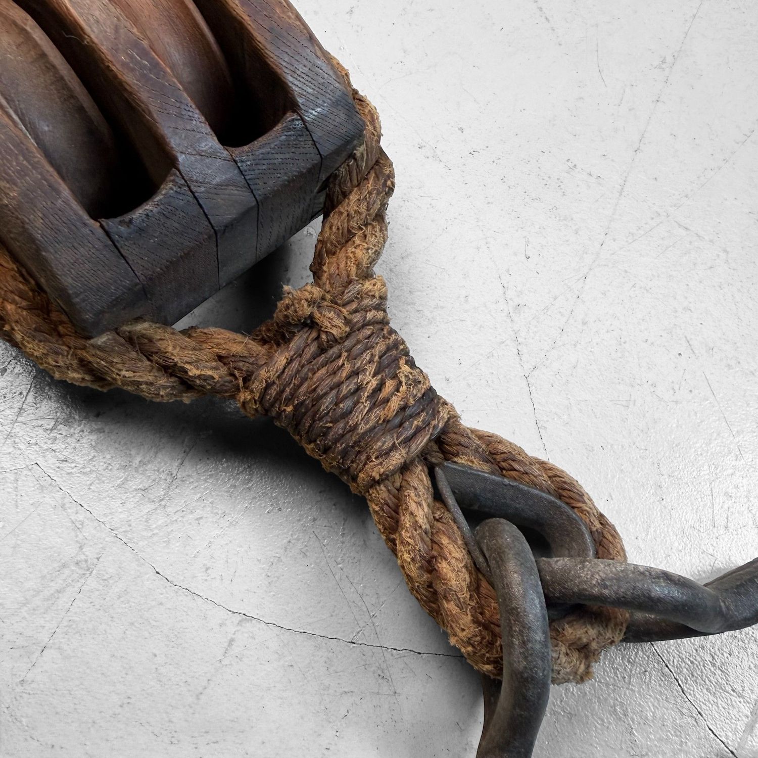 Japanese Wooden Double Pulley with Forged Hooks, 1900s