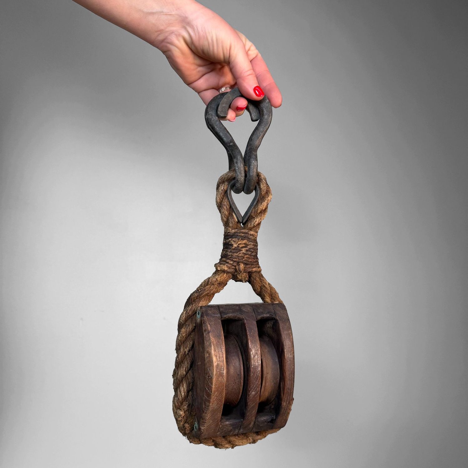 Japanese Wooden Double Pulley with Forged Hooks, 1900s