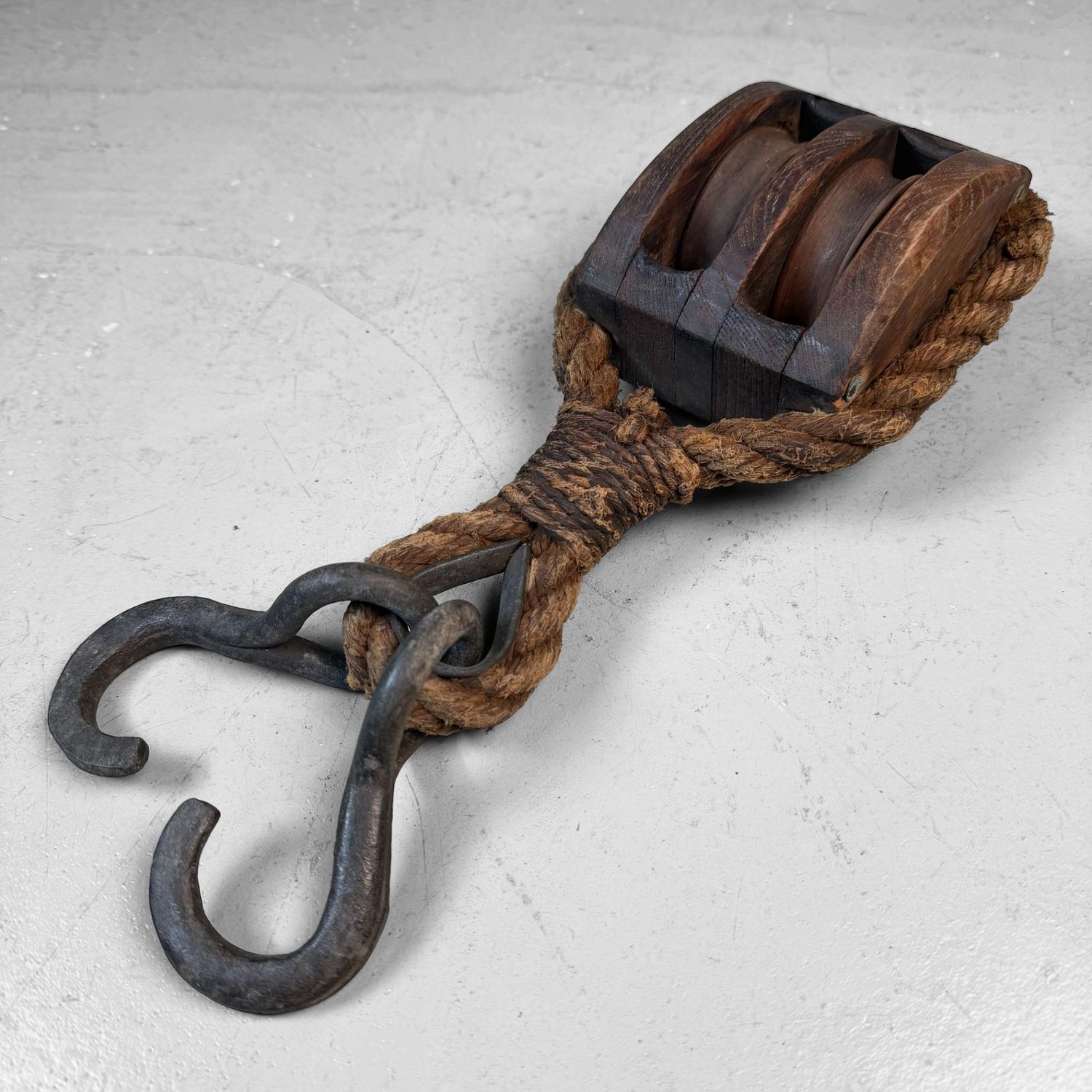 Japanese Wooden Double Pulley with Forged Hooks, 1900s