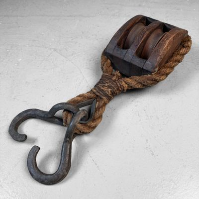 Japanese Wooden Double Pulley with Forged Hooks, 1900s
