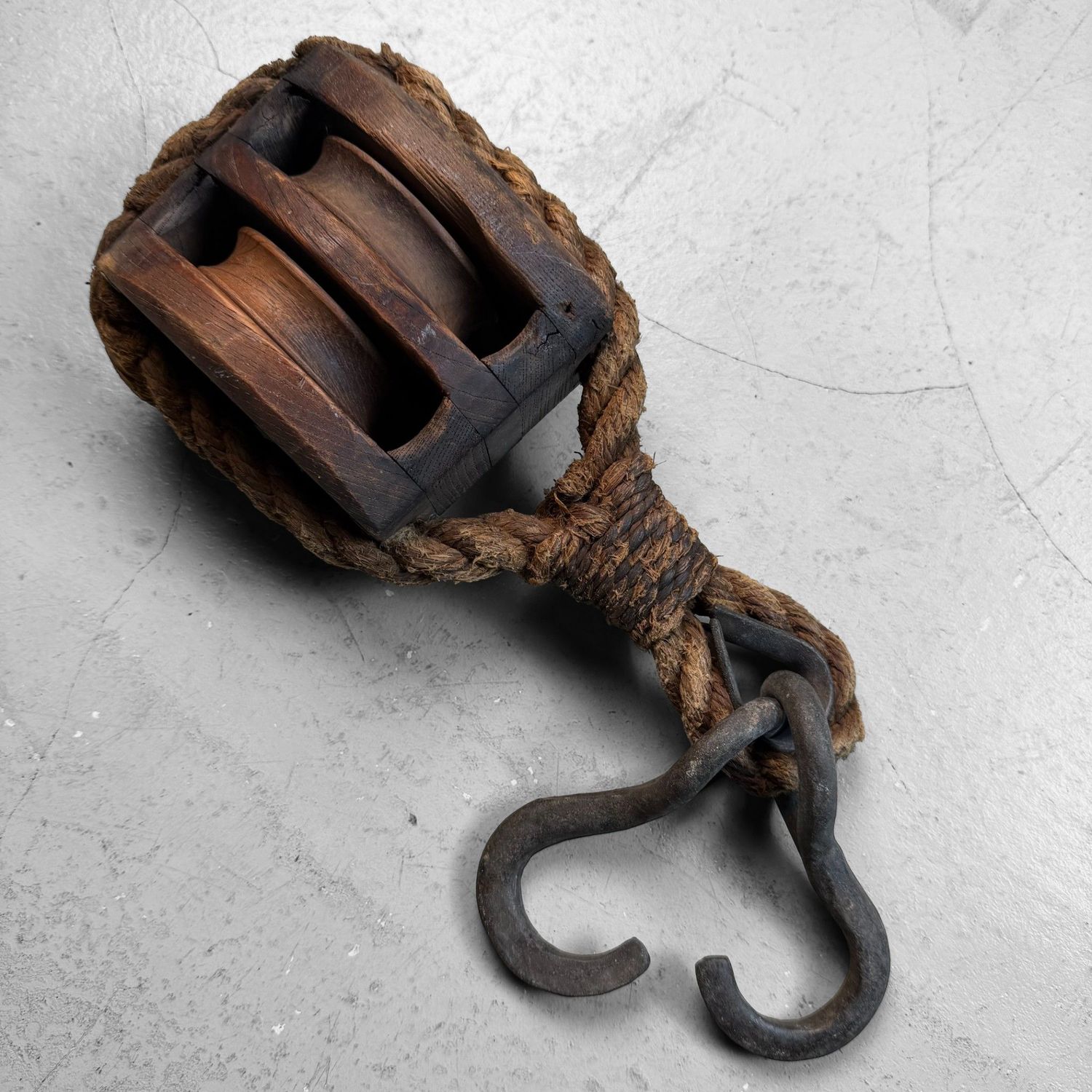 Japanese Wooden Double Pulley with Forged Hooks, 1900s