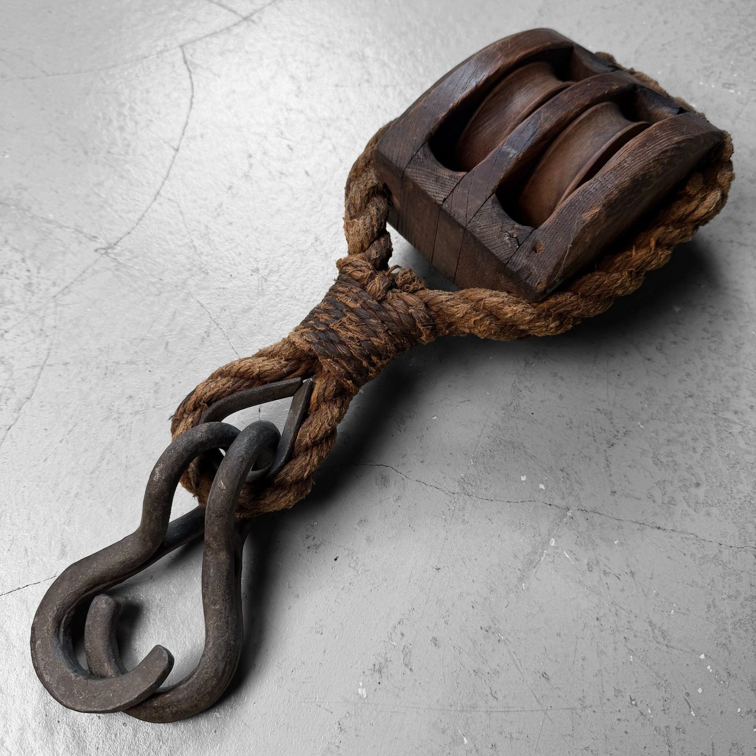 Japanese Wooden Double Pulley with Forged Hooks, 1900s