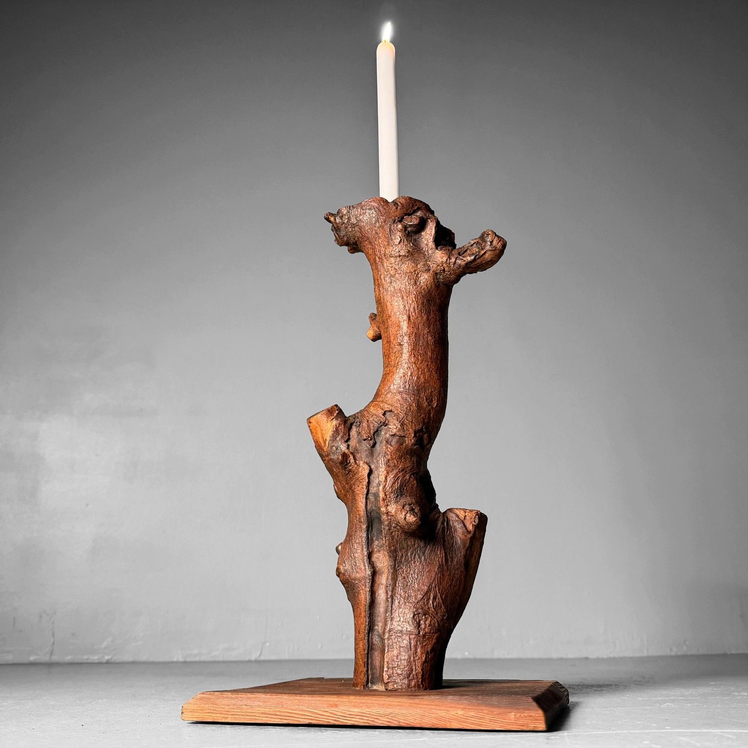 Organically Shaped Japanese Wooden Candlestick, 1920s