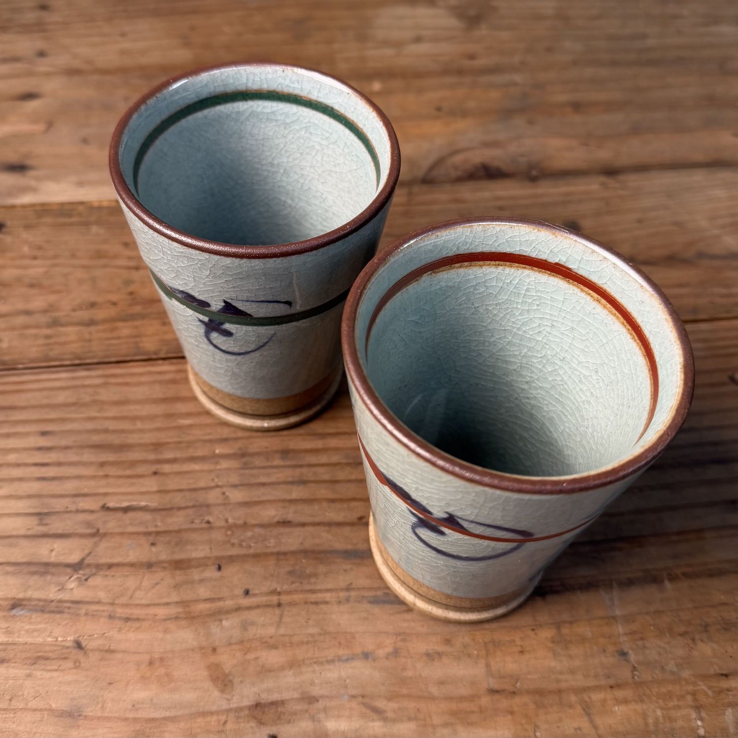 Japanse Yunomi Theebekers, Craquelé Glazuur en Kobaltdecor, 1970s