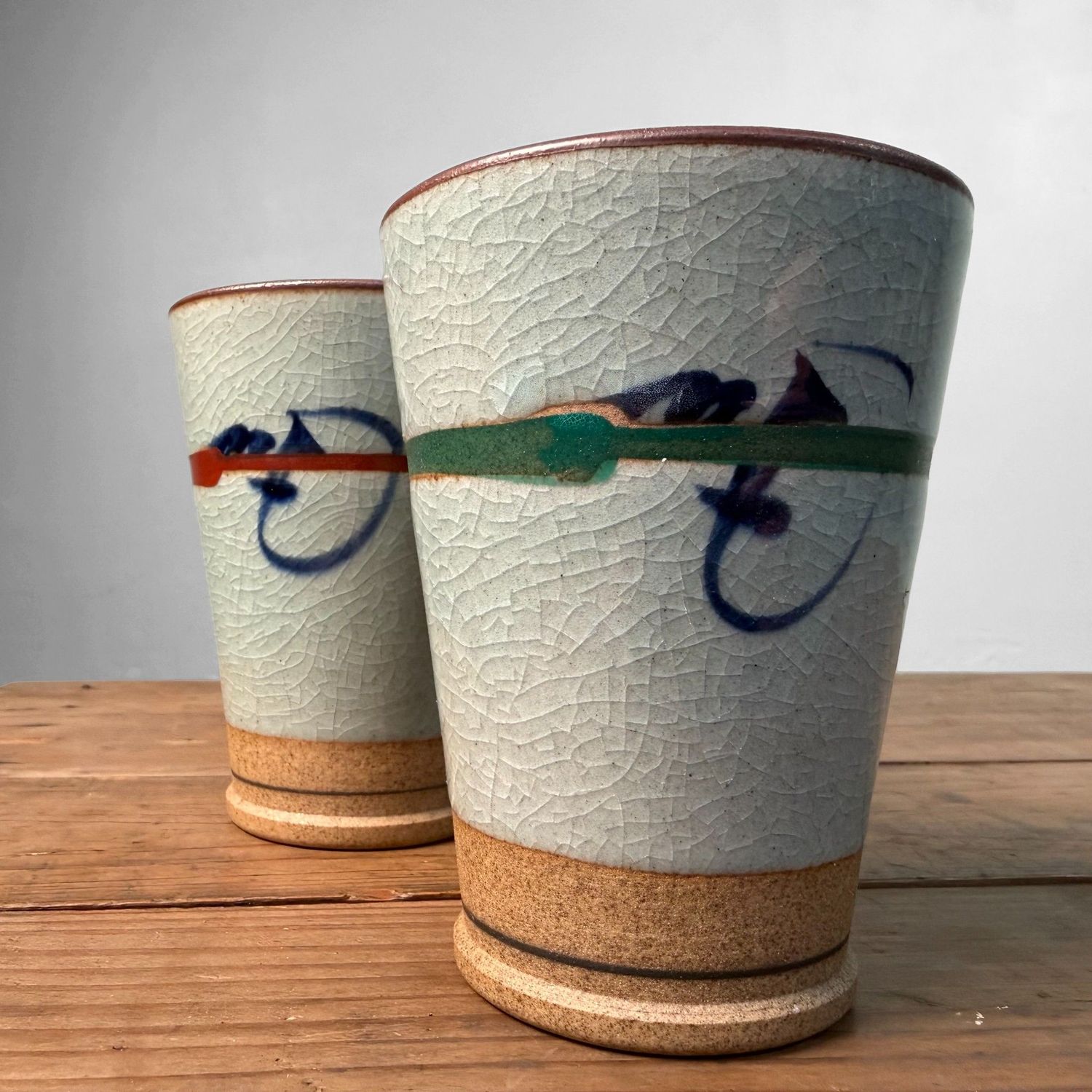 Japanse Yunomi Theebekers, Craquelé Glazuur en Kobaltdecor, 1970s