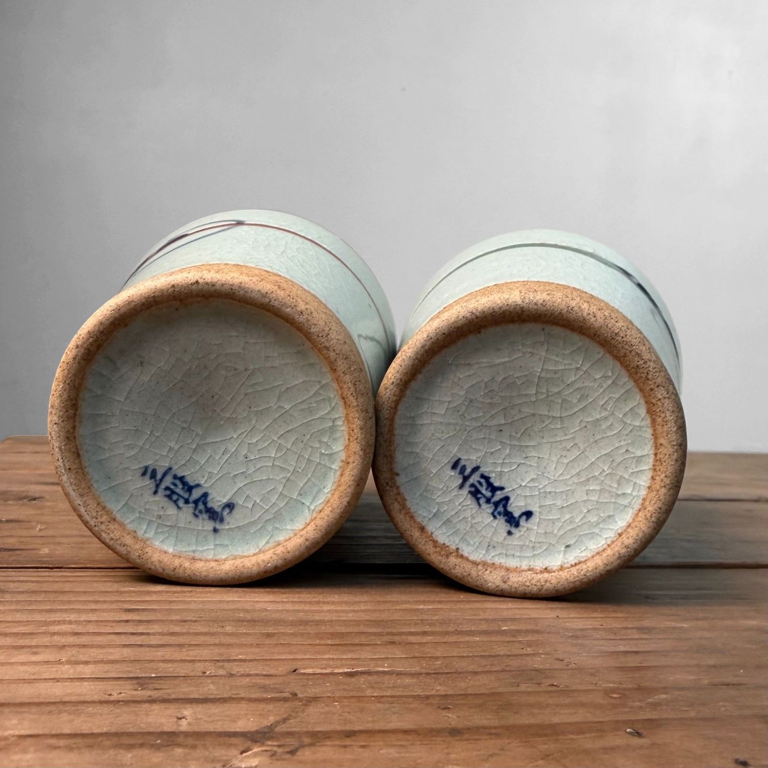 Japanse Yunomi Theebekers, Craquelé Glazuur en Kobaltdecor, 1970s
