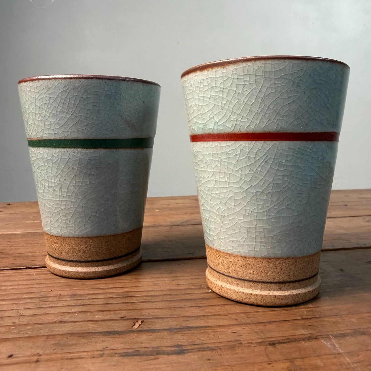 Japanse Yunomi Theebekers, Craquelé Glazuur en Kobaltdecor, 1970s