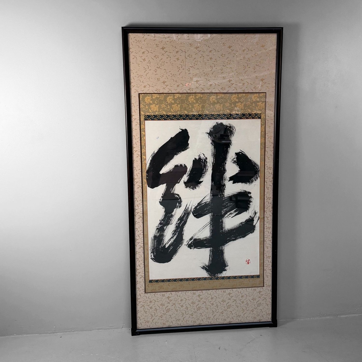 Monumental Japanese Calligraphy “Zen” (禅) in Black Lacquer Frame, c. 1970