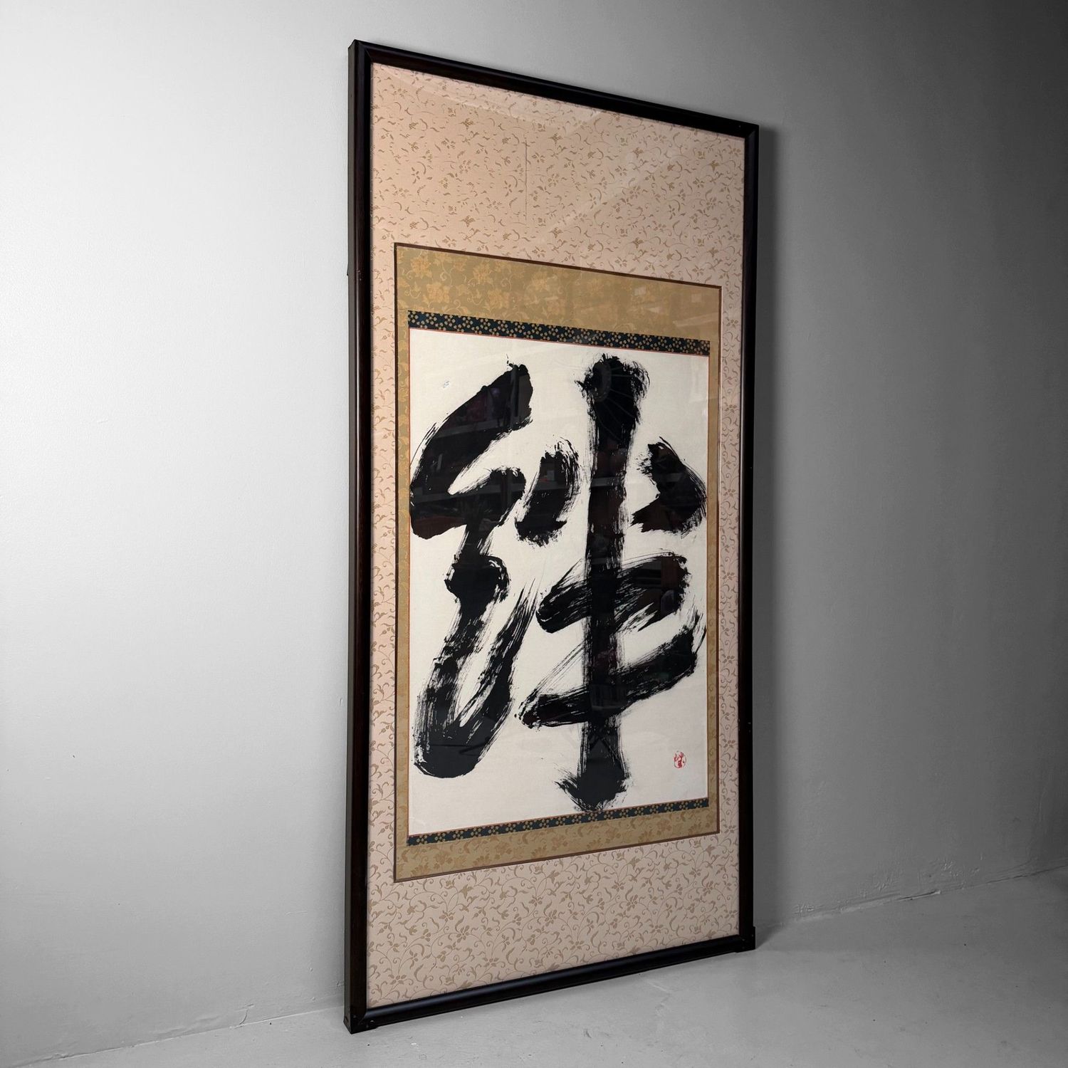 Monumental Japanese Calligraphy “Zen” (禅) in Black Lacquer Frame, c. 1970
