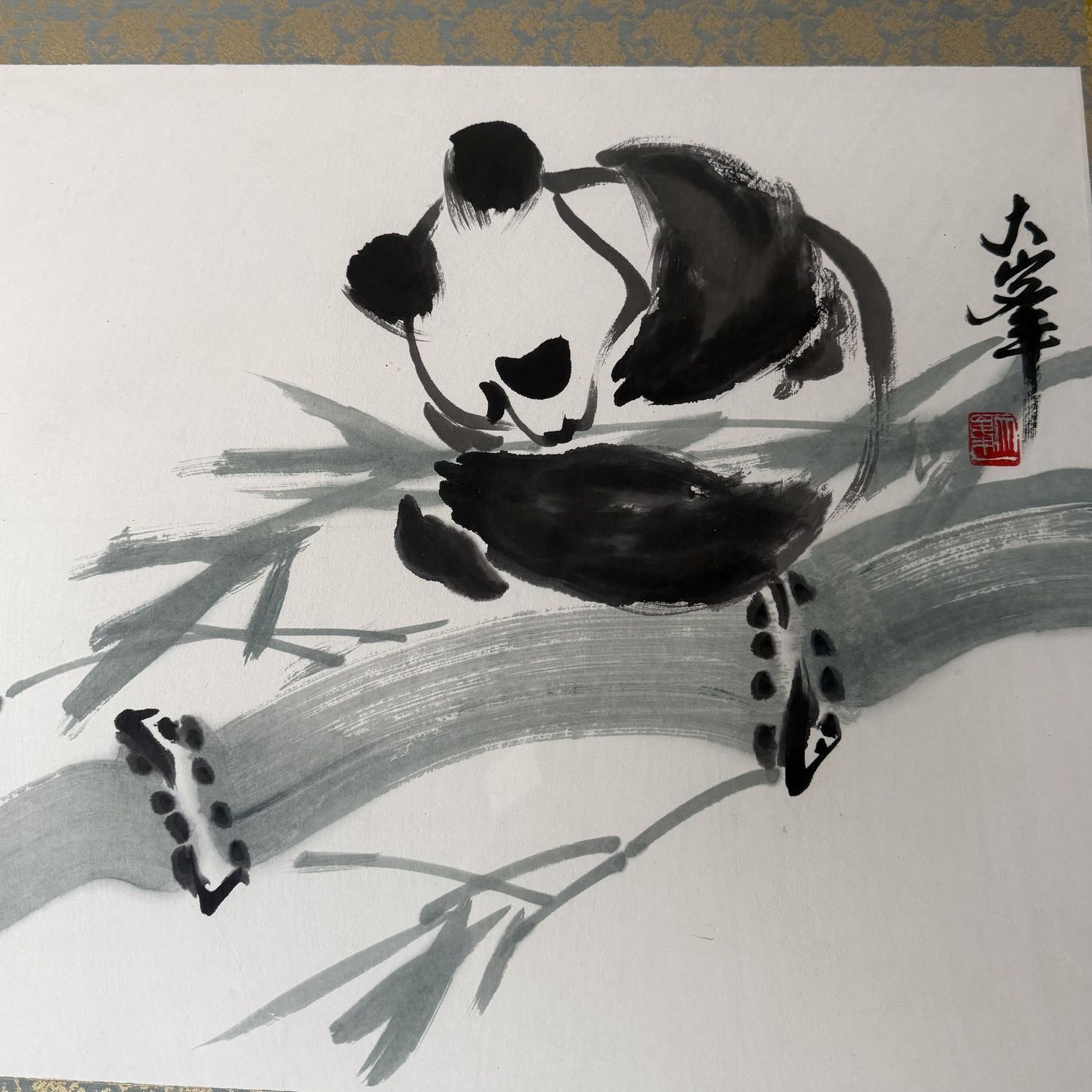 Grote Japanse Wanddecoratie, Handgeschilderde Panda, Sumi-e, 1970s