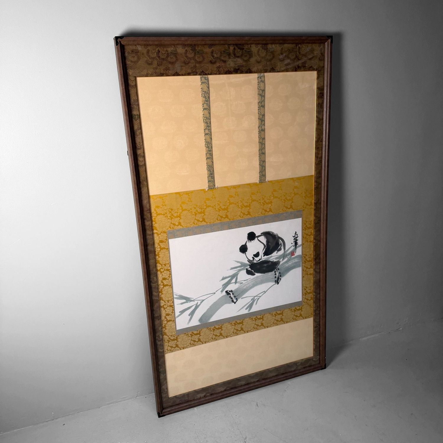 Grote Japanse Wanddecoratie, Handgeschilderde Panda, Sumi-e, 1970s