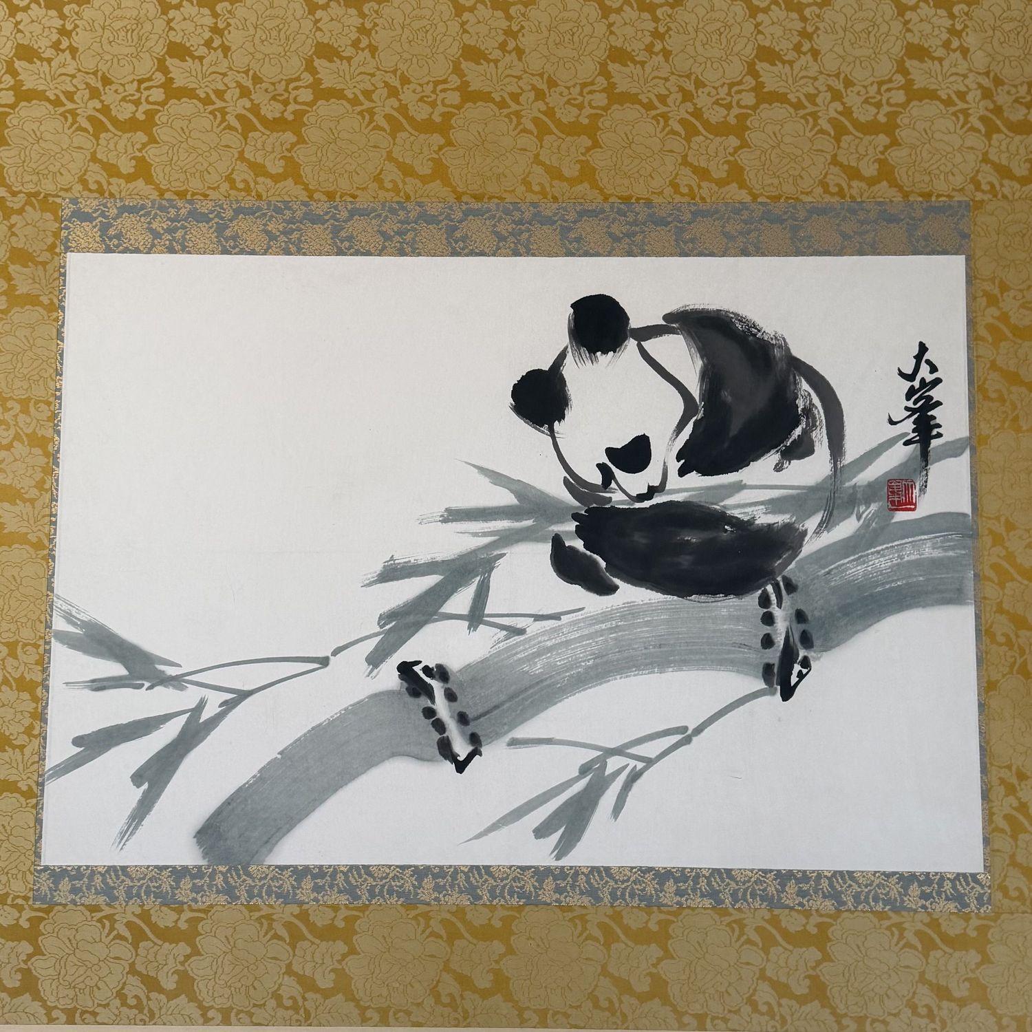 Grote Japanse Wanddecoratie, Handgeschilderde Panda, Sumi-e, 1970s