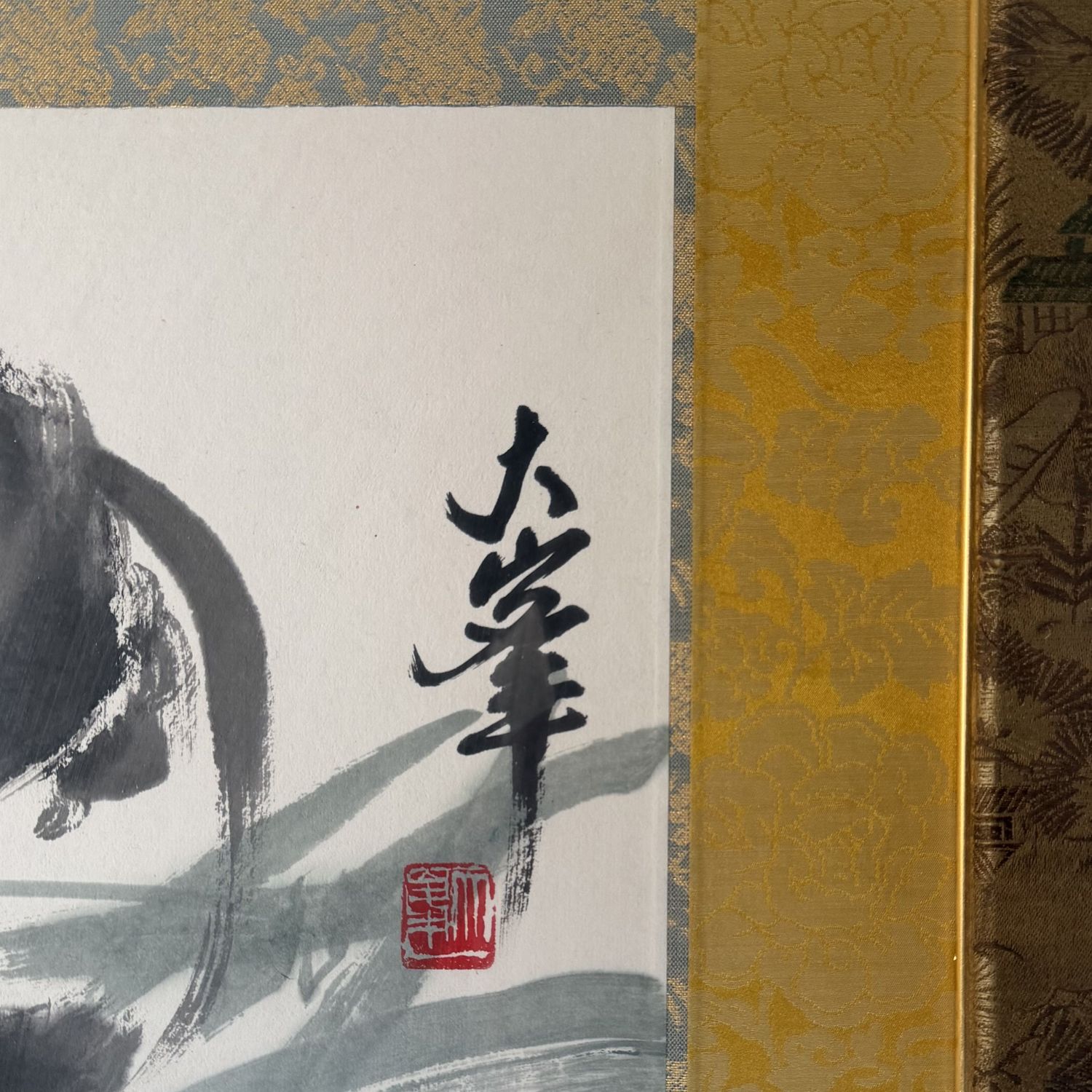 Grote Japanse Wanddecoratie, Handgeschilderde Panda, Sumi-e, 1970s