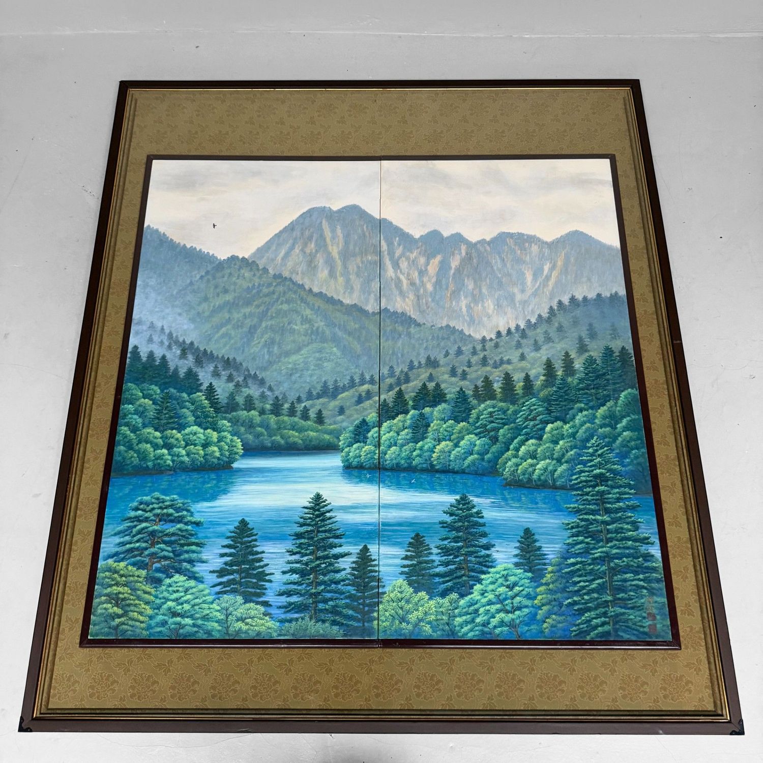 Japanese Two-Panel Screen in Luxury Frame, Mountain Landscape, Oil on Canvas, 1970s