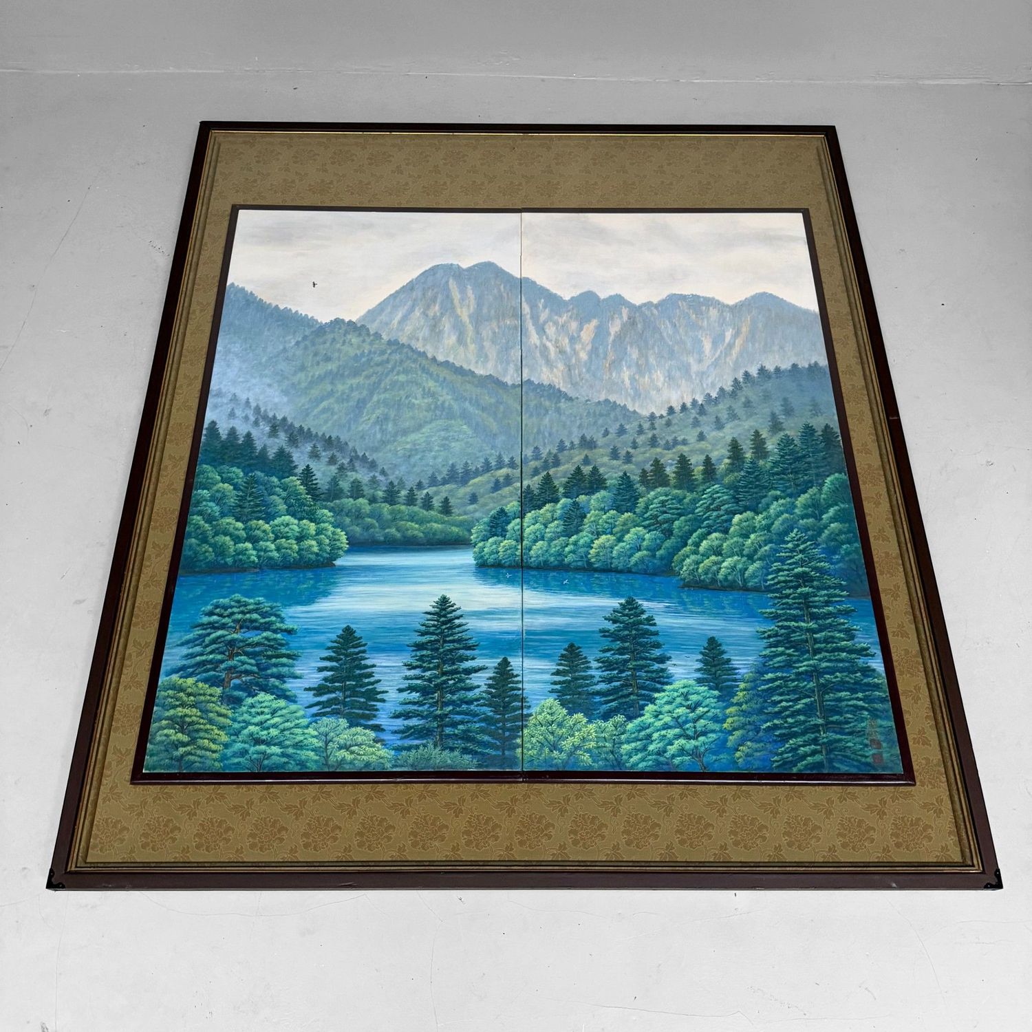 Japans Tweeluikscherm, Luxe Inlijsting, Berglandschap, Olieverf, 1970s