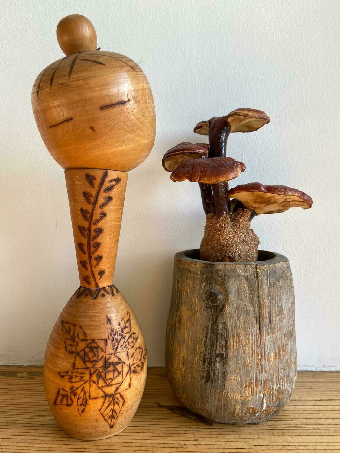 Vintage Sōsaku Kokeshi with Floral Decoration, ca. 1960–1980