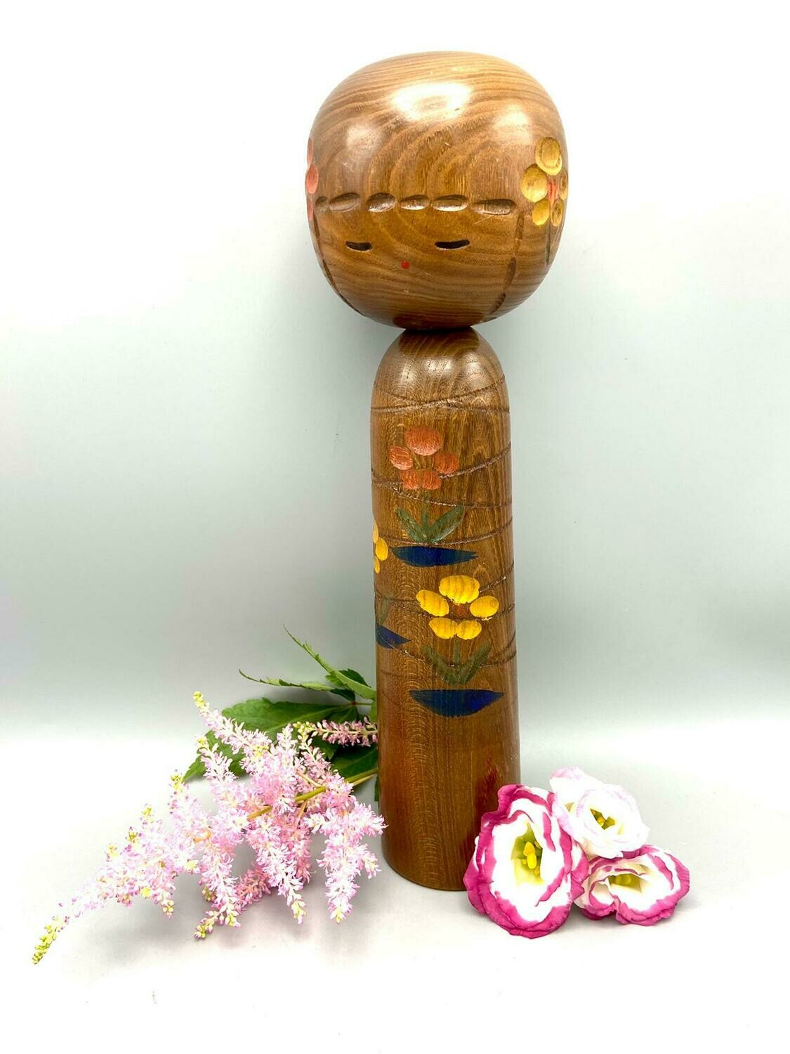 Vintage Sōsaku Kokeshi with Floral Decoration by Masashi Takeda, ca. 1960–1980