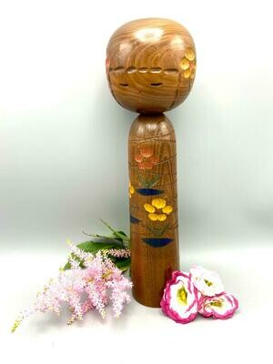 Vintage Sōsaku Kokeshi with Floral Decoration by Masashi Takeda, ca. 1960–1980