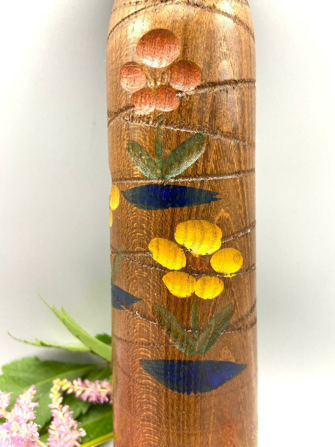Vintage Sōsaku Kokeshi with Floral Decoration by Masashi Takeda, ca. 1960–1980
