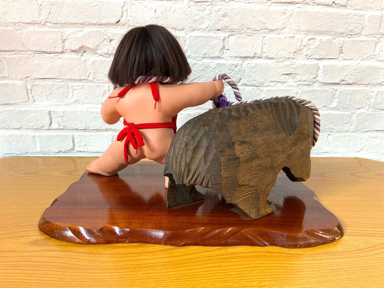 Vintage Japanese Kintarō Doll with Carved Wooden Bear