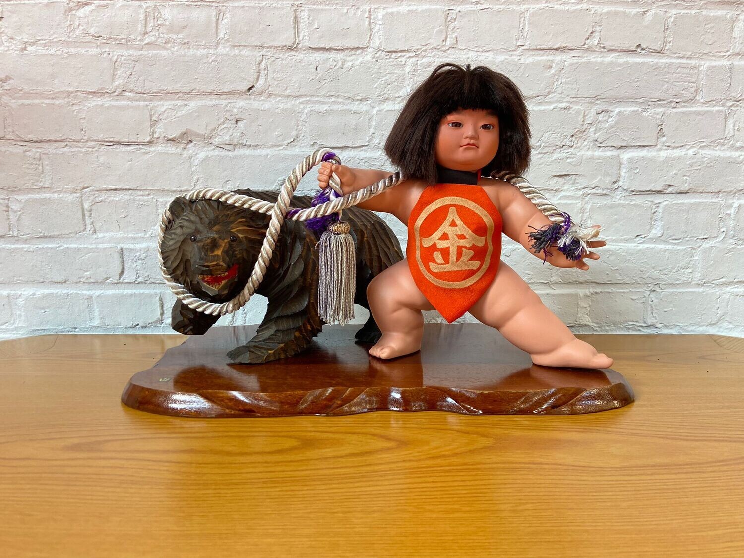 Vintage Japanese Kintarō Doll with Carved Wooden Bear