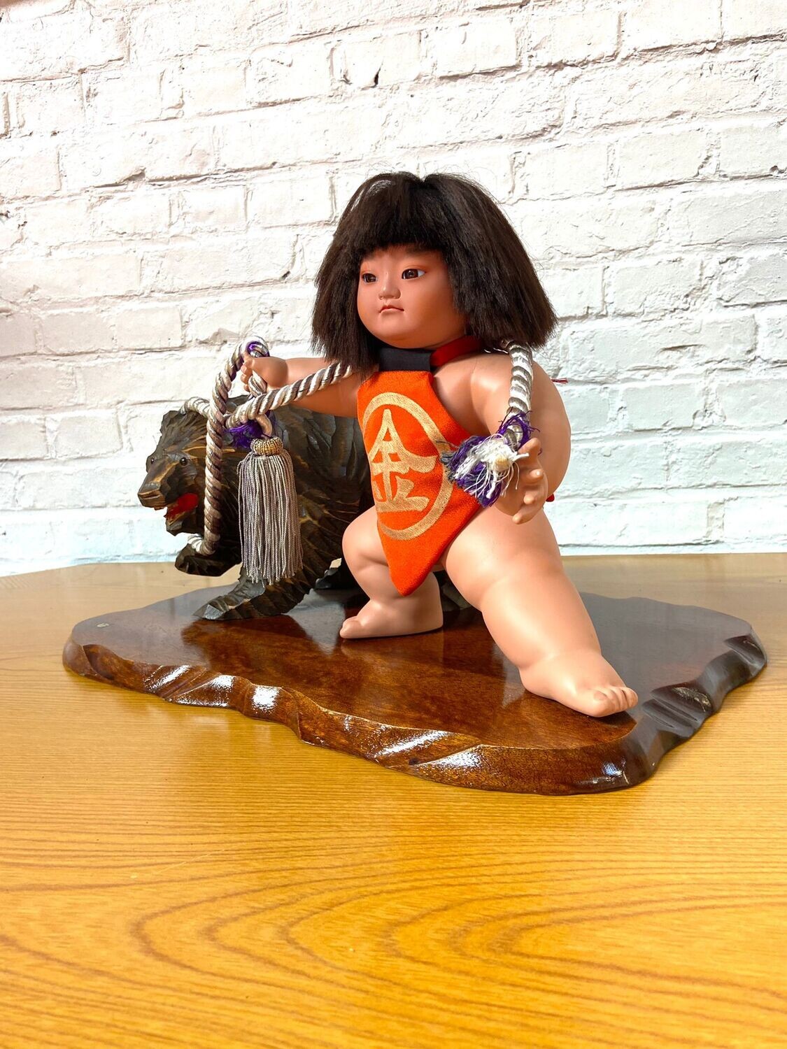 Vintage Japanese Kintarō Doll with Carved Wooden Bear