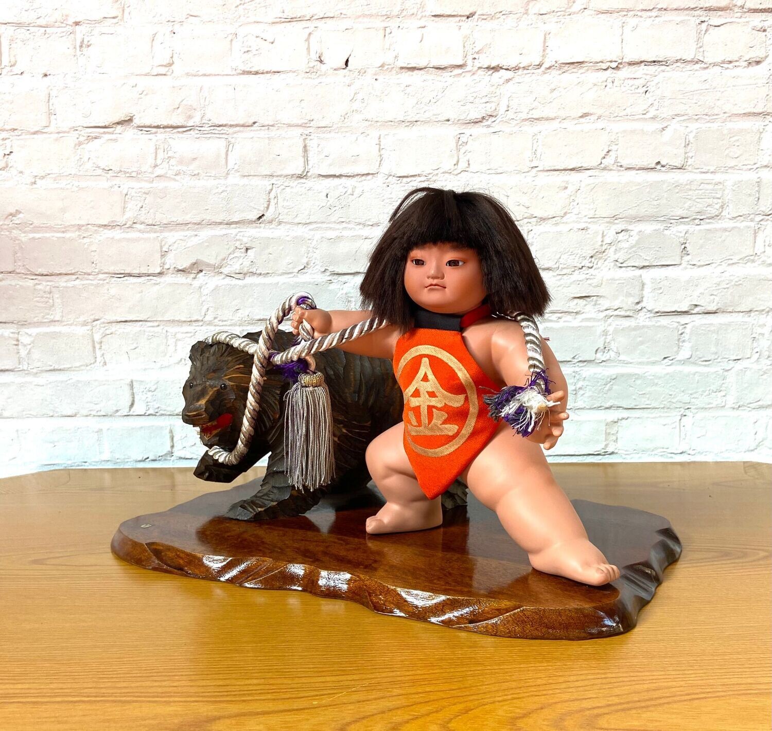 Vintage Japanese Kintarō Doll with Carved Wooden Bear