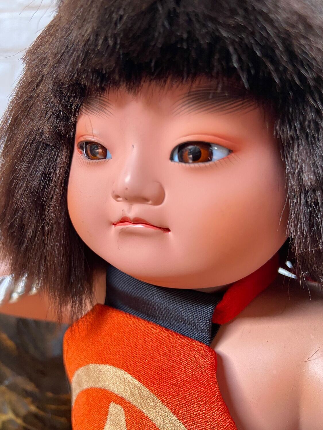 Vintage Japanese Kintarō Doll with Carved Wooden Bear