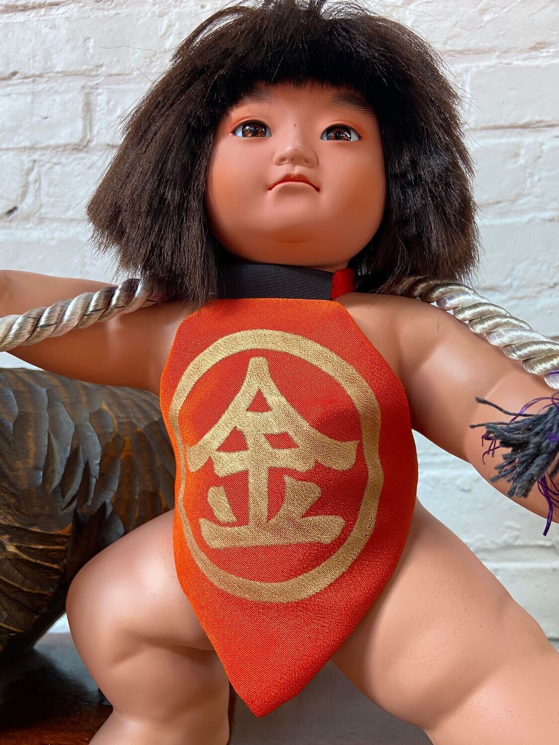 Vintage Japanese Kintarō Doll with Carved Wooden Bear