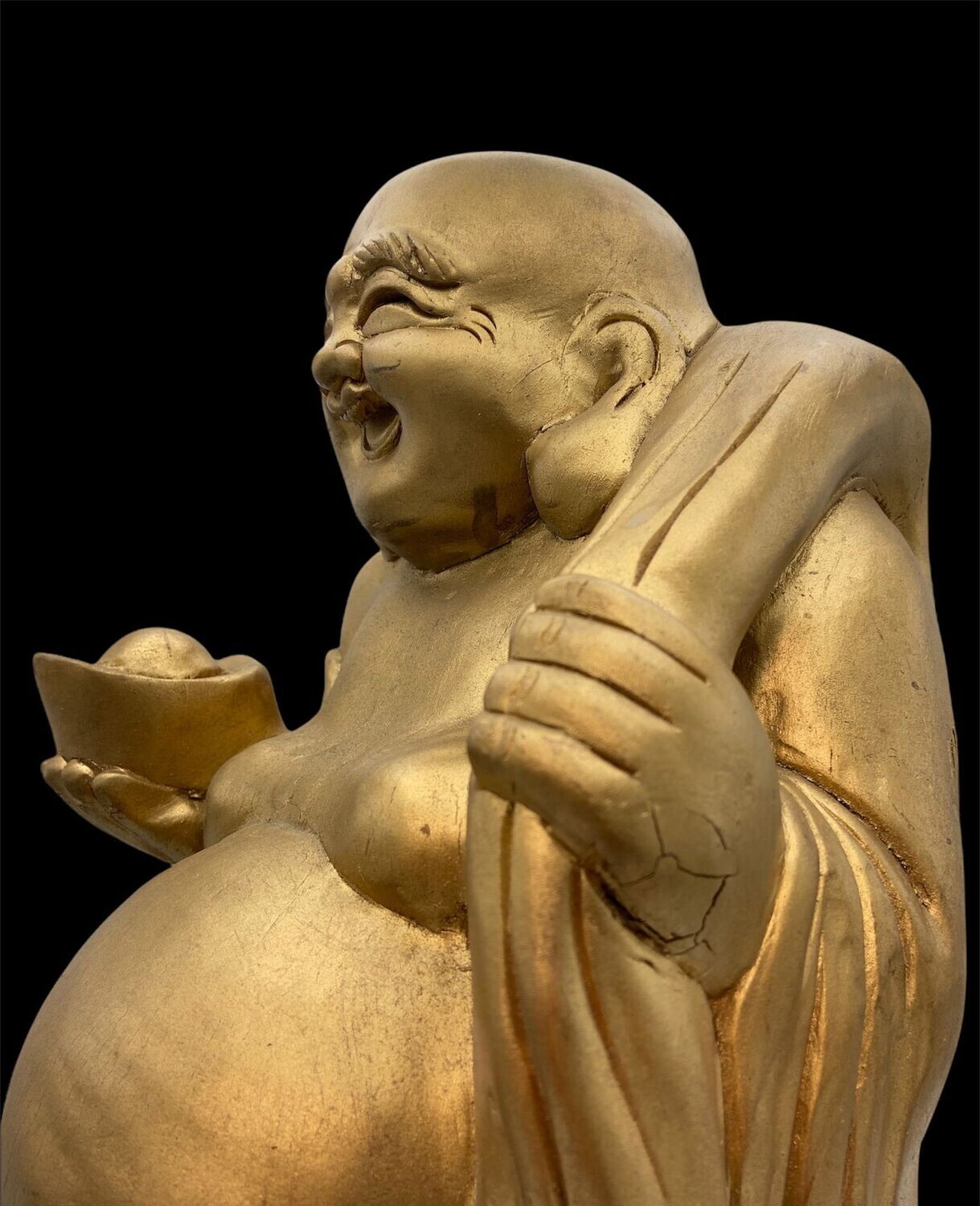 Antique Japanese Wooden Hotei with Gilt-Coloured Finish, Early Shōwa Period