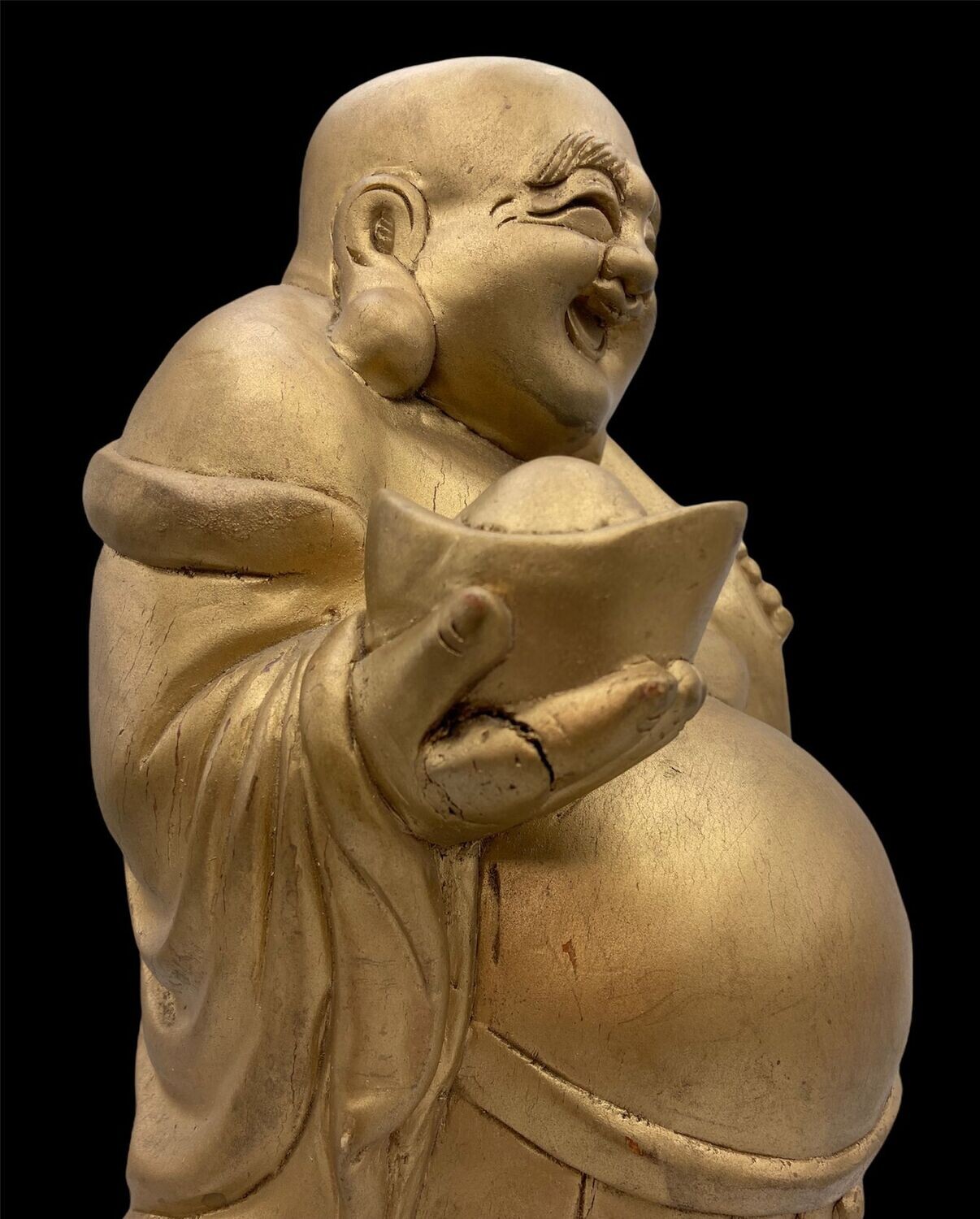 Antique Japanese Wooden Hotei with Gilt-Coloured Finish, Early Shōwa Period