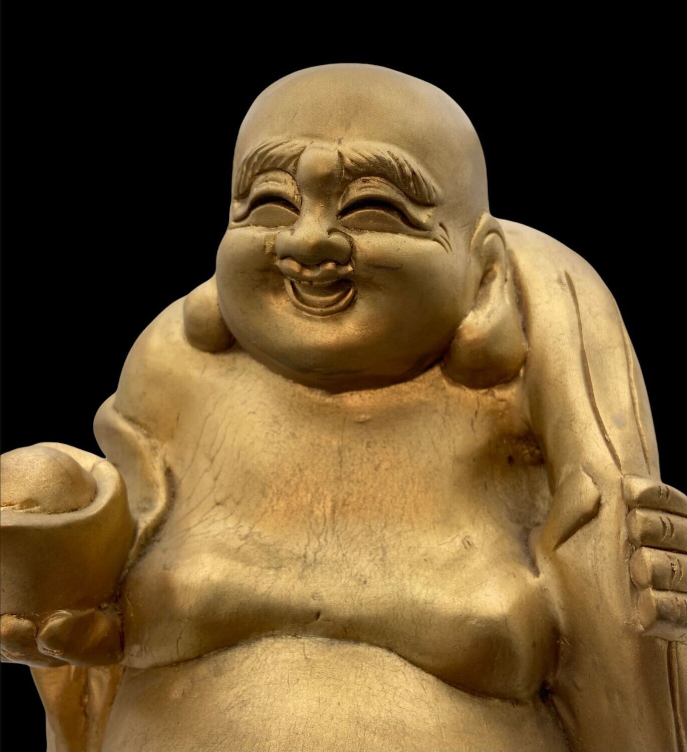 Antique Japanese Wooden Hotei with Gilt-Coloured Finish, Early Shōwa Period