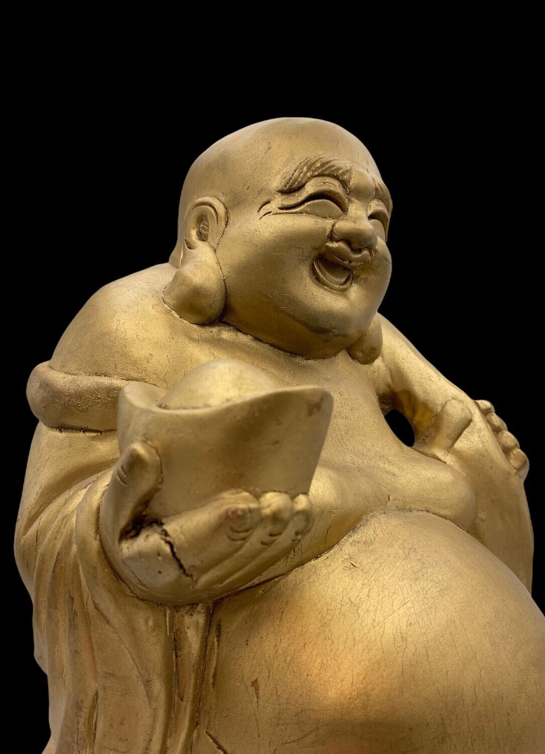 Antique Japanese Wooden Hotei with Gilt-Coloured Finish, Early Shōwa Period