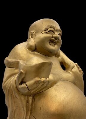 Antique Japanese Wooden Hotei with Gilt-Coloured Finish, Early Shōwa Period Antique Japanese Wooden Hotei with Gilt-Coloured Finish, Early Shōwa Period