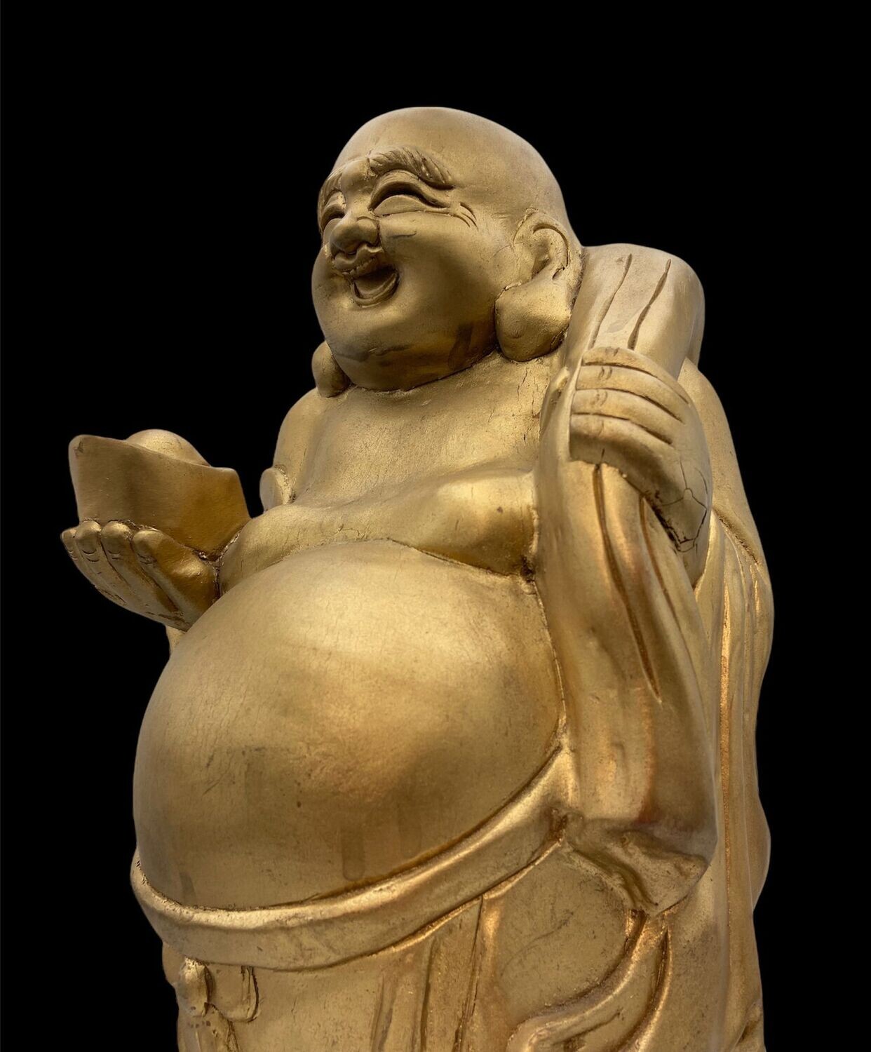 Antique Japanese Wooden Hotei with Gilt-Coloured Finish, Early Shōwa Period